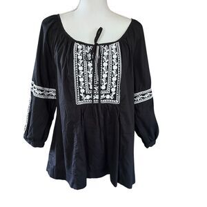 Charter Club Black White Embroidered Peasant Top Blouse Women’s Size 14